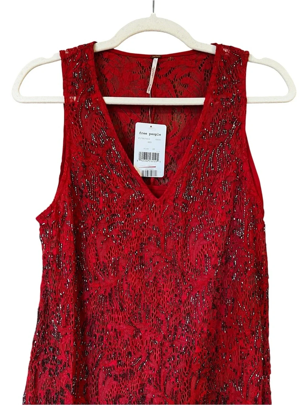 Free People Allover Lace Beaded V Neck Mini Dress Red Size XS NWT* Cocktail